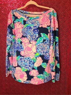 Lilly Pulitzer Long-Sleeve Floral Tee with Pink & Blue Blooms